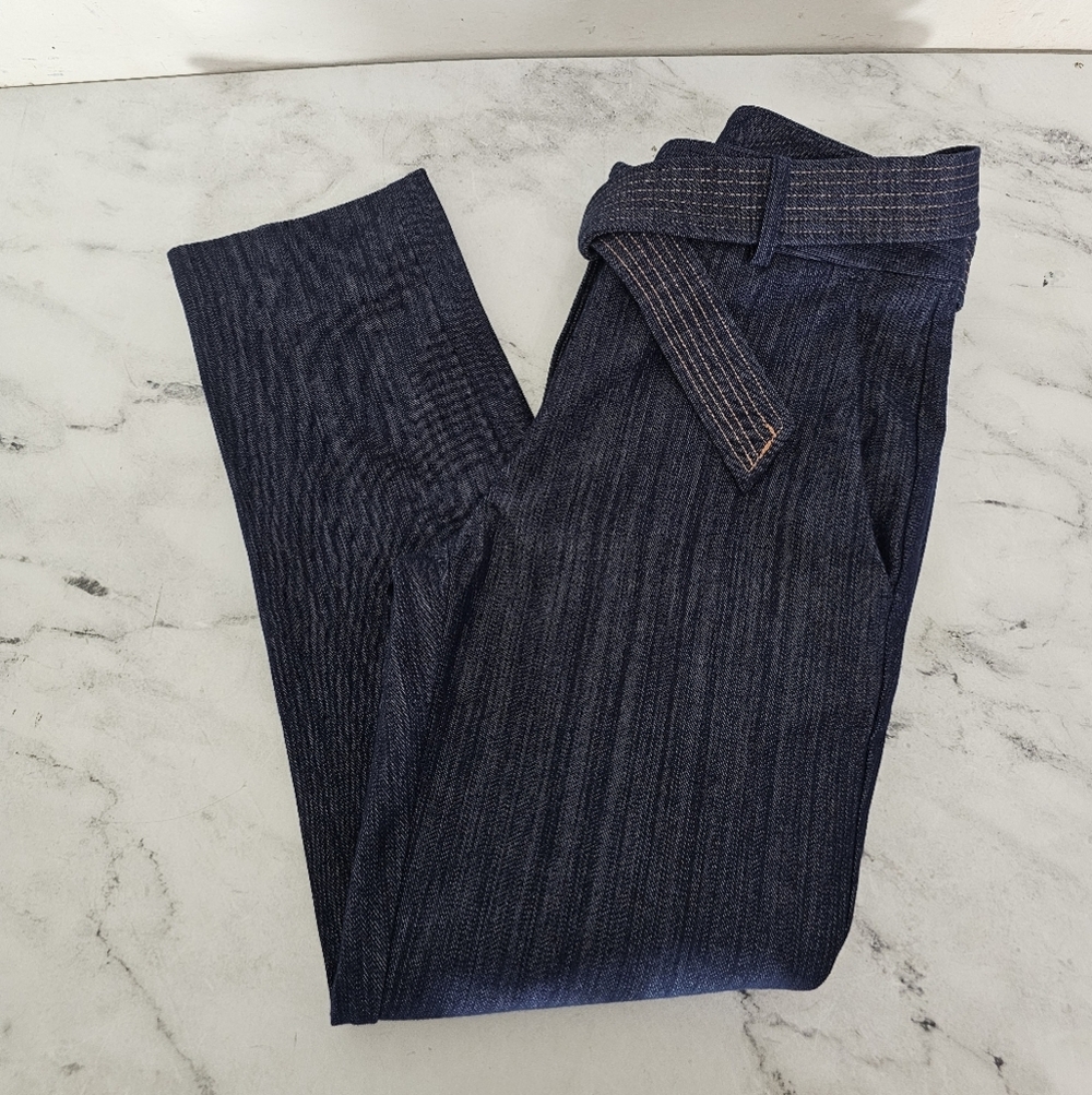 DKNY High Waisted Belted Paperbag Straight Leg Denin Blue Pant Pinstripe 2 - Picture 4 of 9